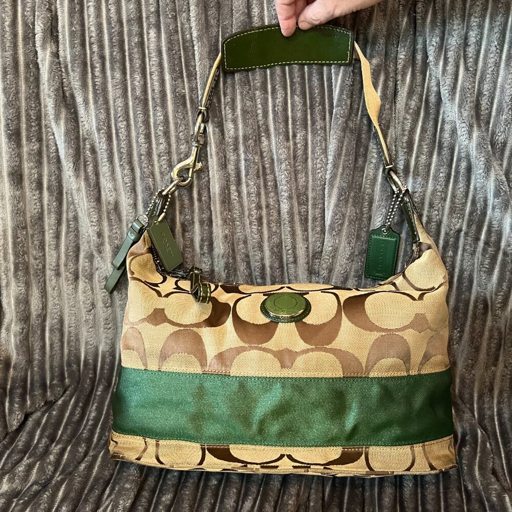 Coach Brown on Green Stripe Signature Monogram Hobo Bag